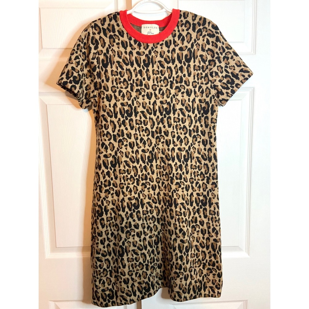 Demylee x J.Crew Leopard Print Wool Blend Short Sleeve Sweater Dress Red Trim M